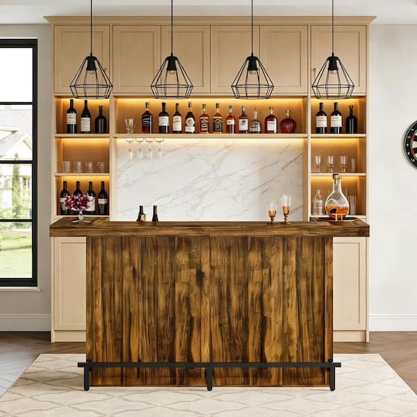 Kearsten 43.31 in. H Rustic Brown Rectangle Bar Table Seats 4 with 4-Tier Storage Wine Glass Rack and Footrest
