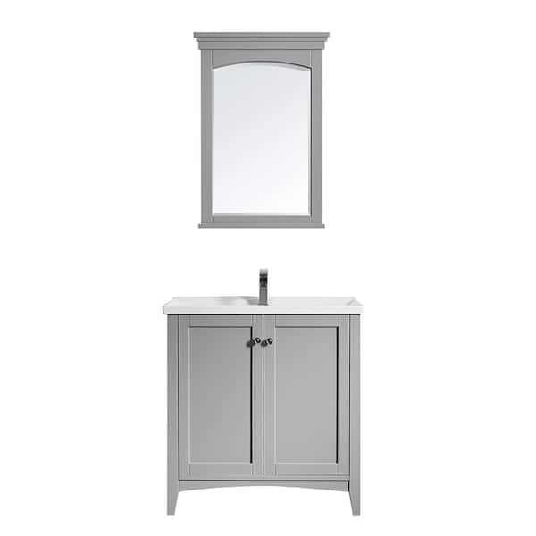 ROSWELL Asti 30 in. Bath Vanity in Grey with Ceramic Vanity Top in White with White Basin and Mirror
