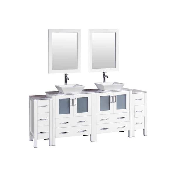 Bosconi 84 in. W Double Bath Vanity in White with Carrara Marble Vanity Top with White Basin and Mirror