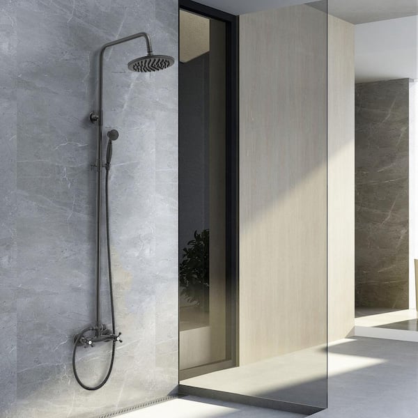 2-Spray Wall Slid Bar Round Rain Shower Faucet with Hand Shower 2 Cross Handles Mixer Shower System Taps in Black