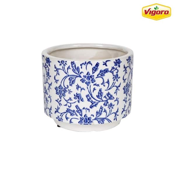 Vigoro 6 in. Ophelia Small Blue and White Porcelain Pot (6 in. D x 4.9 in. H)