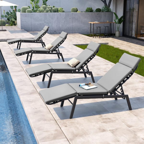 Adjustable Metal Outdoor Chaise Lounge with Dark Gray Cushions (Set of 4)