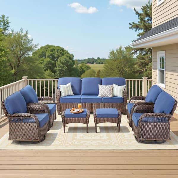 Buenaola Brown 7-Piece Wicker Patio Conversation Set with Swivel Rocking Chair, Outdoor Couch Seating Set with Blue Cushion