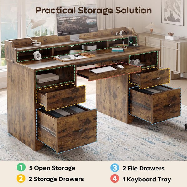 Bestier 59 in. Rustic Brown Computer Desk with Charging Station, 4