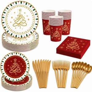 168-Piece Christmas Party Supplies Tableware Set, Disposable Red Paper Dinnerware Set, (Service for 24)