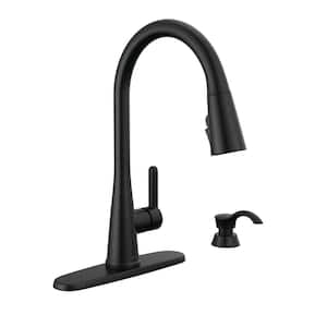 Greydon Single Handle Pull Down Sprayer Kitchen Faucet with ShieldSpray and Soap Dispenser in Matte Black