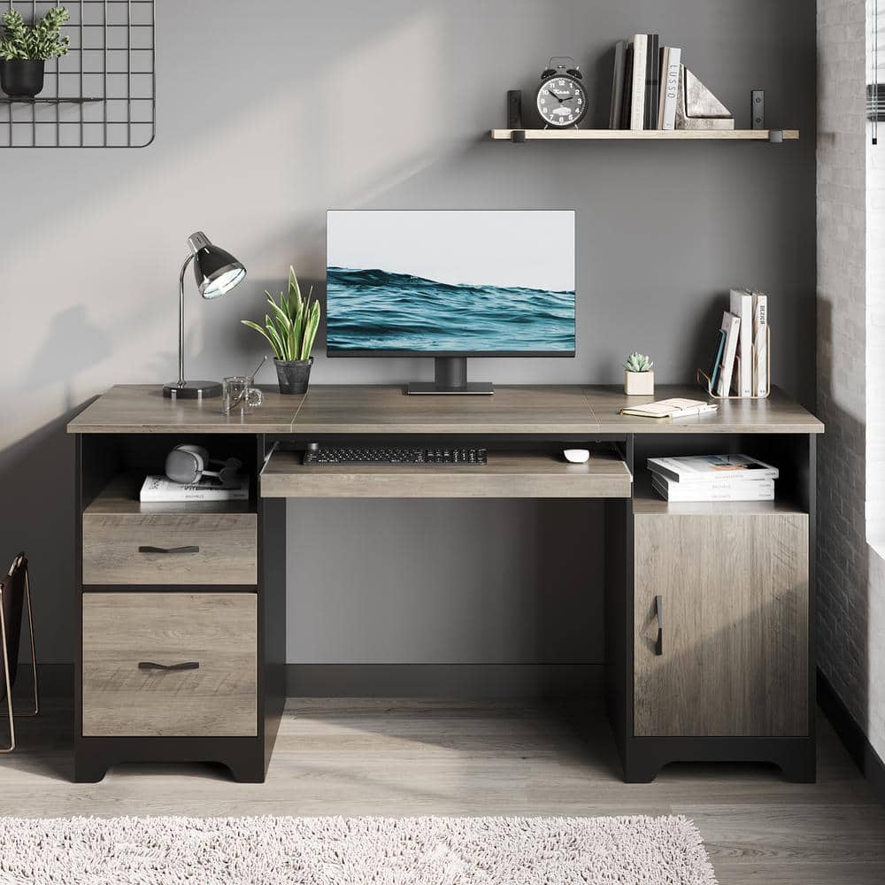 Gray Executive Desk with Storage Cabinet and Keyboard Tray