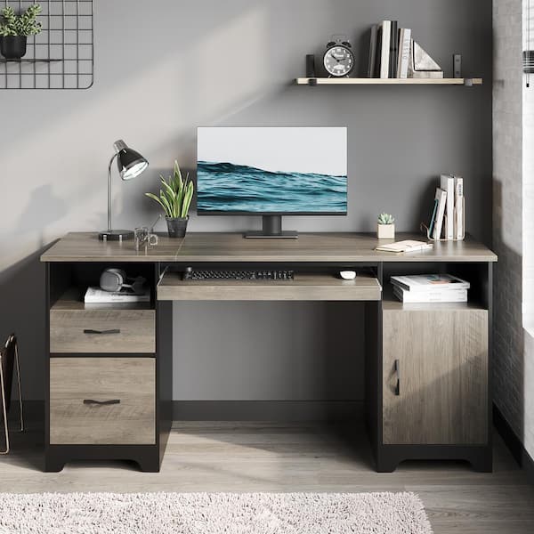 59 in. Rectangular Grey 2-Drawers Computer Writing Desk with Storage Cabinet and 2-Open Storage