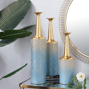 27 in., 24 in., 20 in. Blue Metal Floral Decorative Vase with Gold Top (Set of 3)