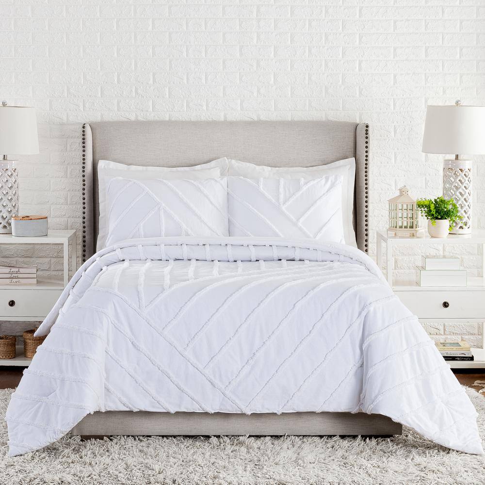 Full White Cotton Chenille Chevron Comforter Set