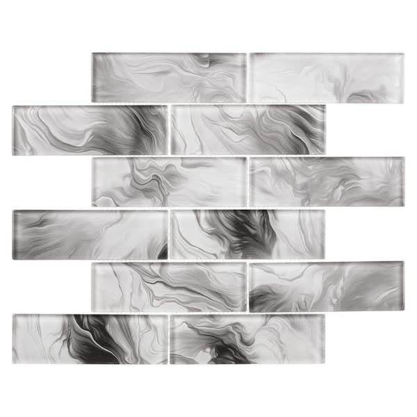 Dunar Kallio Black 2 in. x 6 in. Brick Joint Marble Look Glossy Glass Mosaic Wall and Floor Tile (5 sq. ft./Case)