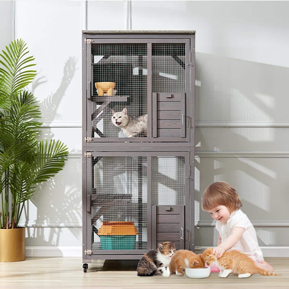 Gray 3-Tier Outdoor Freestanding Cat House with Casters
