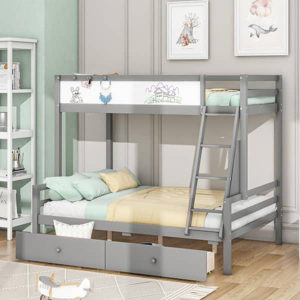 Harper & Bright Designs Gray Wood Frame Twin Over Full Bunk Bed with Whiteboard, 3 Hooks and 2-Drawer