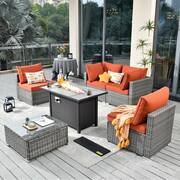 Sanibel Gray 6-Piece Wicker Outdoor Patio Conversation Sofa Sectional Set with a Metal Fire Pit and Orange Red Cushions