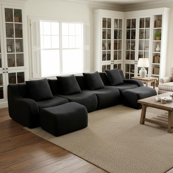 AURA 148 in. Slope Arm 5-piece Teddy Fabric U-Shaped with Anti-Slip Base Sectional Sofa in. Onyx Black