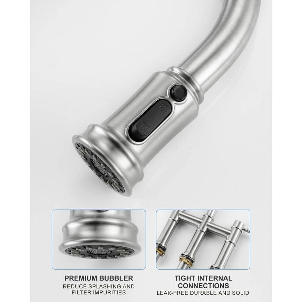 Brushed Nickel Double Handle Bridge Kitchen Faucet with Pull Down Sprayer