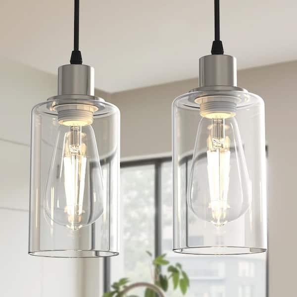 1-Light Brushed Nickel Pendant Light, Rustic Farmhouse Industrial Hanging Fixture for Kitchen Island Dining, 2-Pack