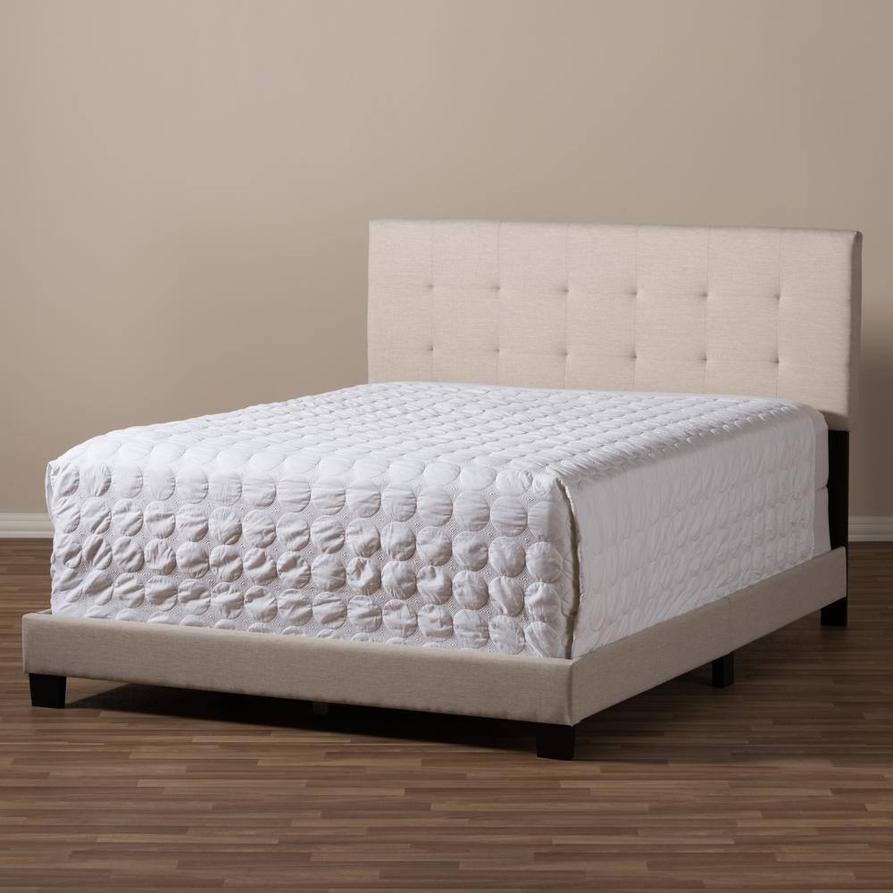 Beige Upholstered Full Bed with Tufted Headboard and Wood Frame