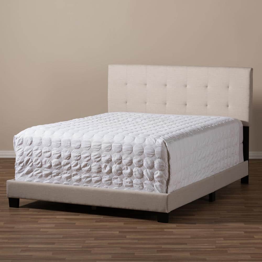 Beige Tufted Upholstered Queen Bed with Wood Frame