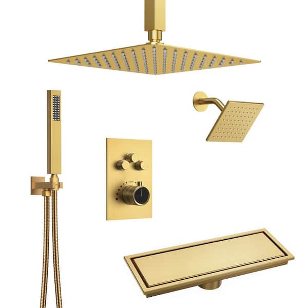 Triple Handles 7-Spray Multiple Press 12 in. Shower Faucet 2.5 GPM with Anti Scald in Brushed Gold with Shower Drain