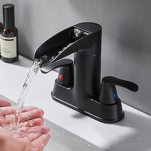 Waterfall 4 in. Centerset Double Handle 360-Degree rotation Bathroom Faucet with Drain kit Included in Matte Black