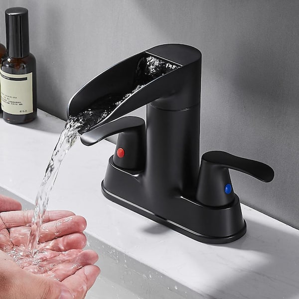 Waterfall 4 in. Centerset Double Handle 360-Degree rotation Bathroom Faucet with Drain kit Included in Matte Black