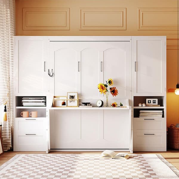 White Wood Frame Full Size Murphy Bed with Closet