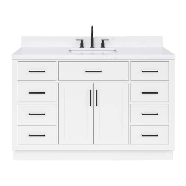 Hepburn 54 in. W x 22 in. D x 36 in. H Single Sink Freestanding Bath Vanity in White with Carrara Quartz Top