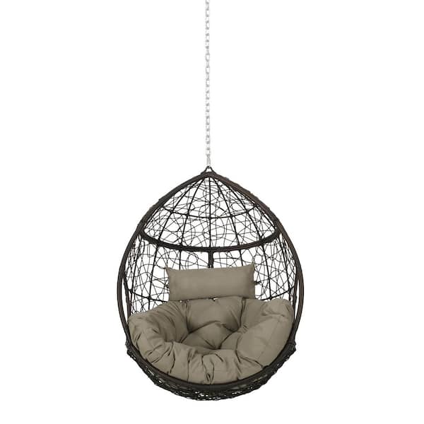 Black Wicker Porch Swing with Khaki Cushion