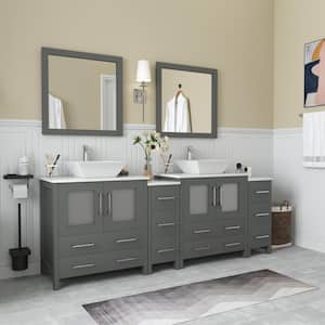 Ravenna 84 in. W Bathroom Vanity in Grey with Double Basin in White Engineered Marble Top and Mirrors