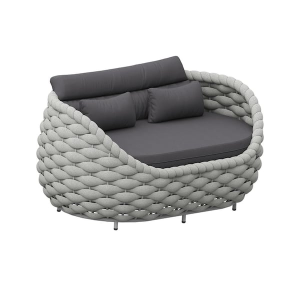 TWT Bird's Nest-Shaped Hand-woven Light Gray Aluminum Outdoor 2-seat Loveseat Couch with Dark Gray Cushions