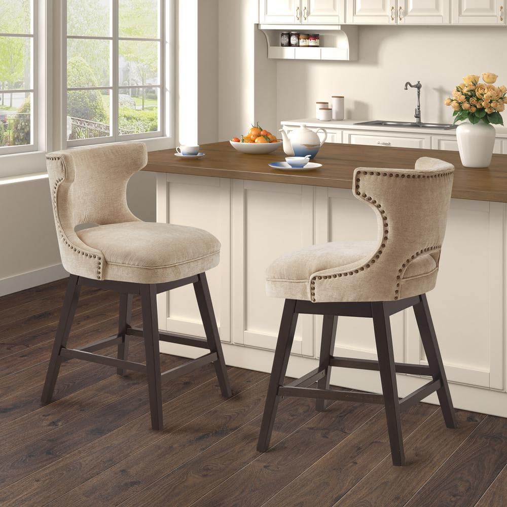 Elegant Beige Fabric and Dark Coffee Wood Swivel Counter Stool