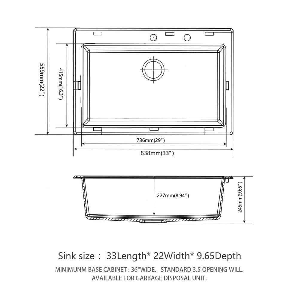 33" Black Quartz Single Bowl Drop-in Kitchen Sink with Accessories