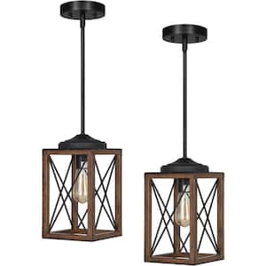60 -Watt 1 Light Adjustable Pipes Pendant Light with Bronze Wooden Grain Shade, No Bulbs Included