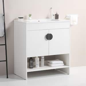 30 in. W x 18 in. D x 32 in. H Single Sink Freestanding Bath Vanity in White with White Ceramic Top, Open Shelves