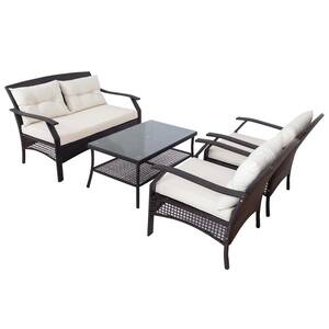 4-Piece Patio Furniture Outdoor Rattan Conversation Set Sectional Sofa Set with Glass Table for Backyard, Beige Cushion