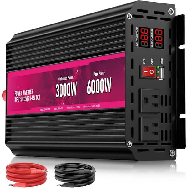 3000W Power Inverter Series, Continuous 3000W with 6000W Peak, 12V DC to 110V/120V AC, 2 Outlets, USB Port, LCD Display