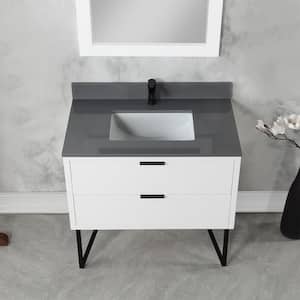 Helios 36 in. W x 22 in. D x 34 in. H Single Sink Bath Vanity in White with Gray Composite Stone Top and Mirror