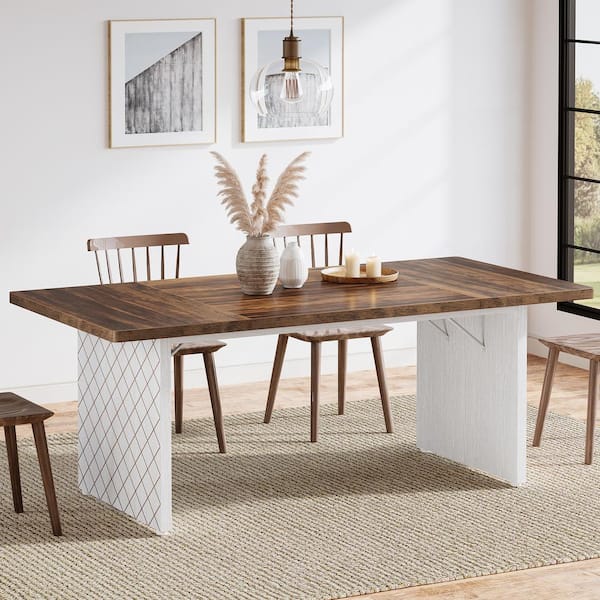 BYBLIGHT Roesler Modern Brown and White Engineered Wood 70.8 in. Pedestal Rectangle Dining Table Seats 8 for Kitchen, Dining Room