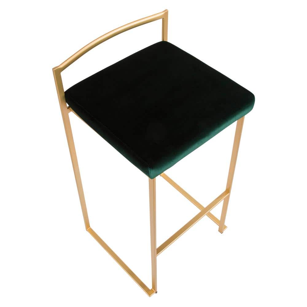 Fuji Gold Metal Barstool with Green Velvet Cushion, Set of 2