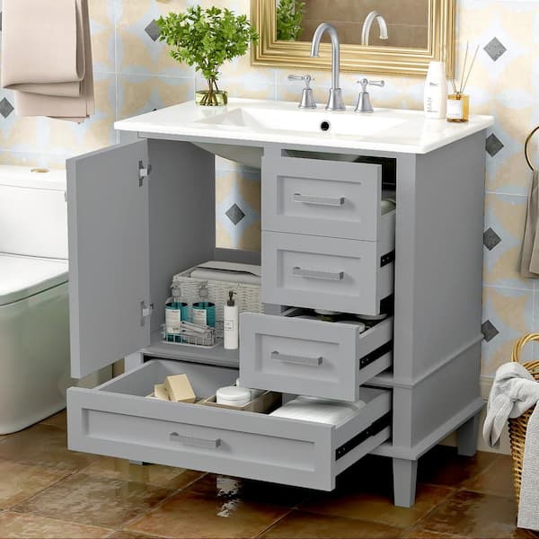 Magic Home 30 in. Practical Bathroom Vanity 3 Drawers Freestanding Cabinet with Soft Closing Door in Gray with White Ceramic Top