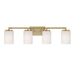 33 in. Leavenworth 4-Light Brushed Gold Modern Bathroom Vanity Light with Etched Opal Glass Shades