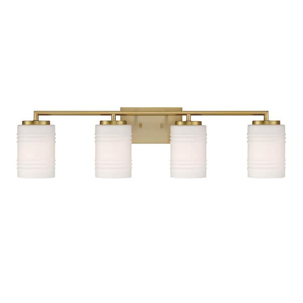Designers Fountain Leavenworth 33 in. 4-Light Brushed Gold Modern Vanity with Etched Opal Ribbed Glass Shades
