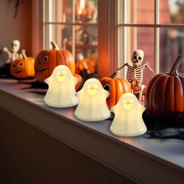 LUMABASE 3 in. Battery Operated Ceramic Halloween Ghosts-Set of 3