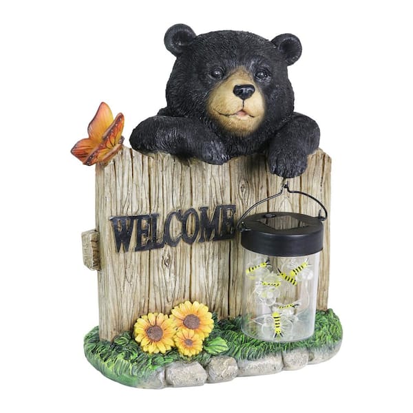 Exhart Solar Hand Painted Bear with a Lantern Jar of LED Fireflies