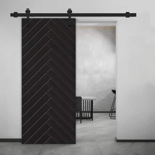 CALHOME 30 in. x 80 in. Black Painted Composite MDF Paneled Interior Sliding Barn Door with Hardware Kit