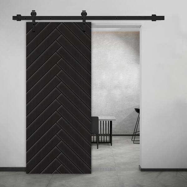 CALHOME 42 in. x 84 in. Black Painted Composite MDF Paneled Interior Sliding Barn Door with Hardware Kit