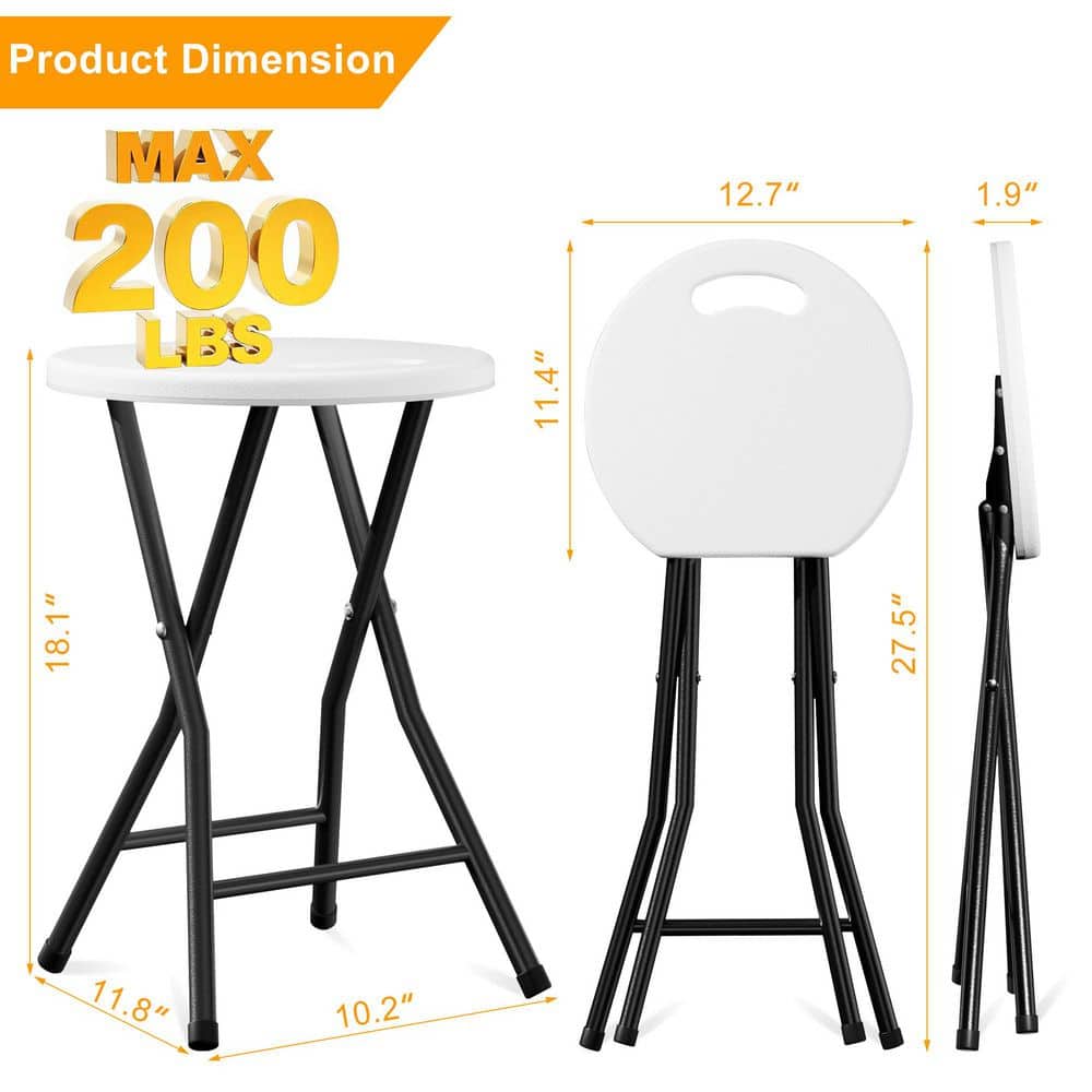 Dimension diagram of the folding stool showing height, width, and depth.