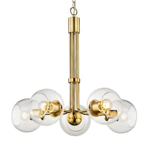 5-Light Aged Brass Chandelier with clear Globes