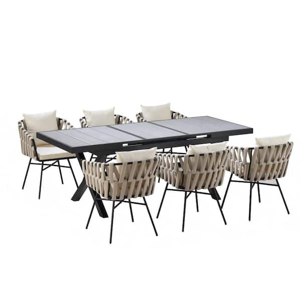 7-Piece Metal Outdoor Dining Set with Gray Cushions-Expandable Black Table & 6 Polyester Woven Chairs
